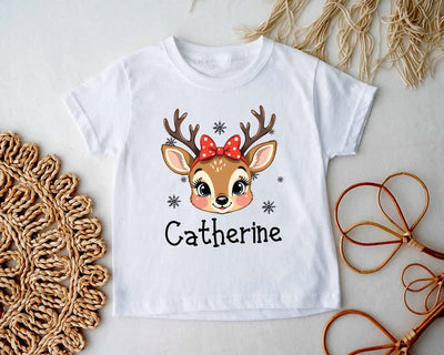 Personalized Girls Christmas Short Sleeve Shirt, Custom Reindeer Name Toddler Short Sleeve Shirt, Custom Retro Xmas Girls Tee