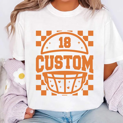 Custom Checkered Football Short Sleeve Shirt, Retro Game Day Mama Tee, Personalized Team & Number Short Sleeve Shirt