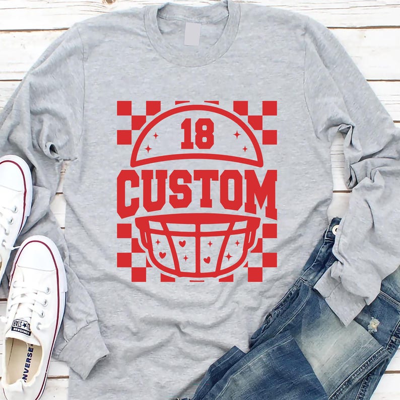 Custom Checkered Football Long Sleeve Shirt, Retro Game Day Mama Long Sleeve Shirt, Personalized Team & Number Long Sleeve Shirt