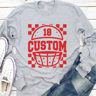 Custom Checkered Football Long Sleeve Shirt, Retro Game Day Mama Long Sleeve Shirt, Personalized Team & Number Long Sleeve Shirt