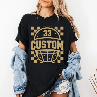 Custom Checkered Football Short Sleeve Shirt, Retro Game Day Mama Tee, Personalized Team & Number Short Sleeve Shirt