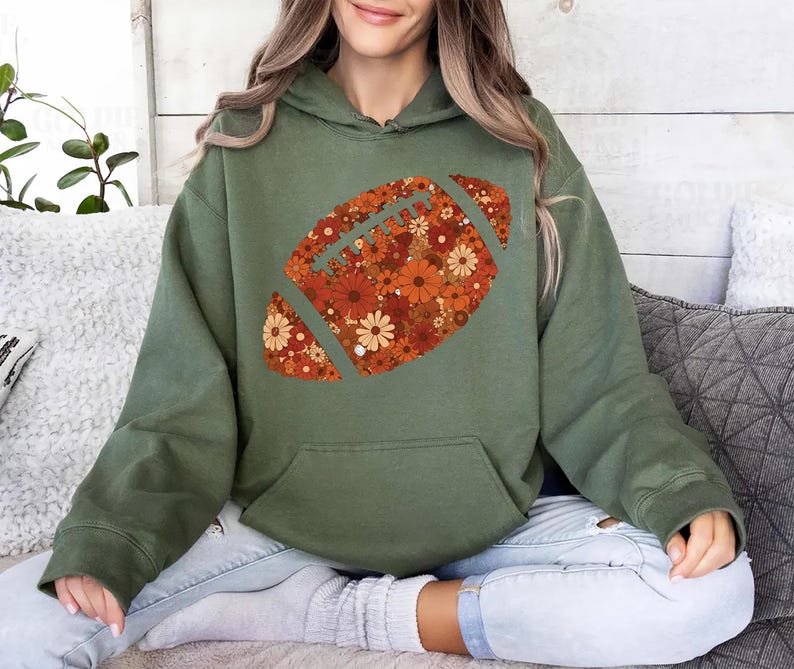 Floral Football Hoodie, Retro Boho Game Day Hoodie, Touchdown Season Brushstroke Hoodie