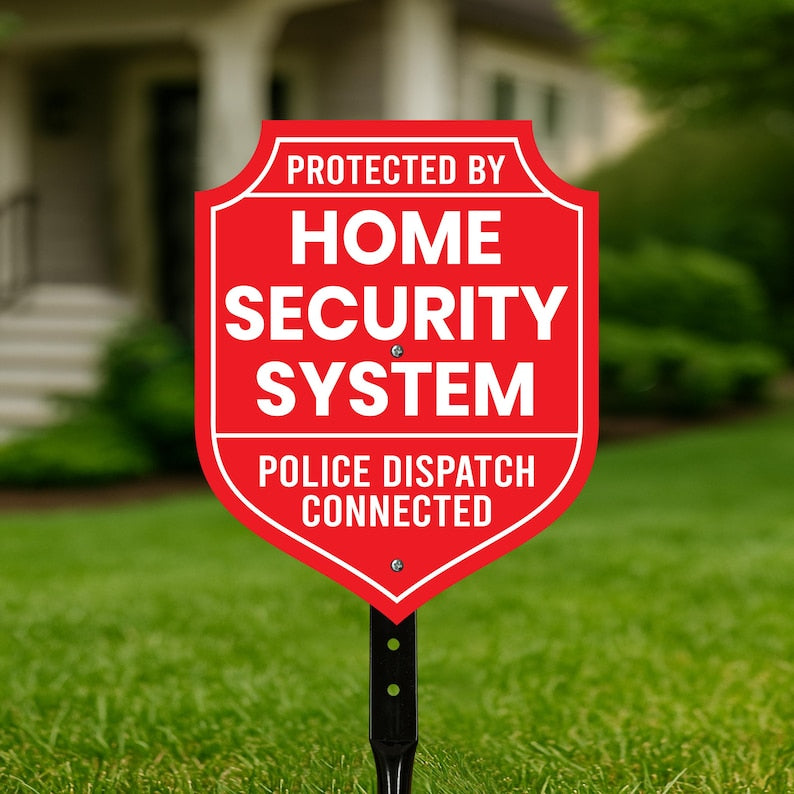 Protected by Home Security System Yard Sign with 16" Stake, Shield Shape Rust-Free Aluminum Warning Sign, UV Protected Outdoor Alarm Sign