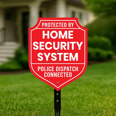 Protected by Home Security System Yard Sign with 16" Stake, Shield Shape Rust-Free Aluminum Warning Sign, UV Protected Outdoor Alarm Sign