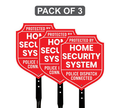 3 Pack Protected by Home Security System Yard Sign with 16" Stake, Shield Shape Rust-Free Aluminum Warning Sign, UV Protected Alarm Sign