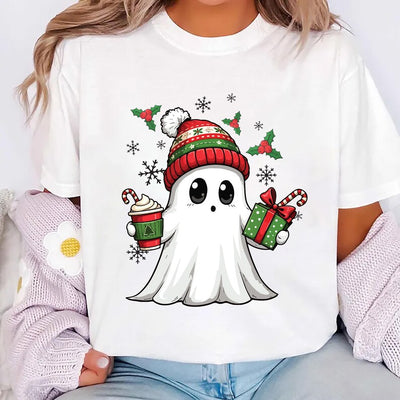 Ghost Santa Christmas Short Sleeve Shirt, Holiday Christmas Ghost Tee, Cute Xmas Spirit Short Sleeve Shirt
