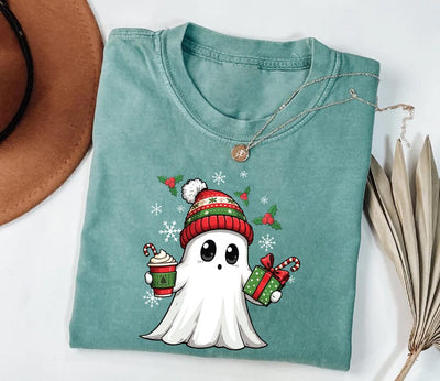Ghost Santa Christmas Short Sleeve Shirt, Holiday Christmas Ghost Tee, Cute Xmas Spirit Short Sleeve Shirt