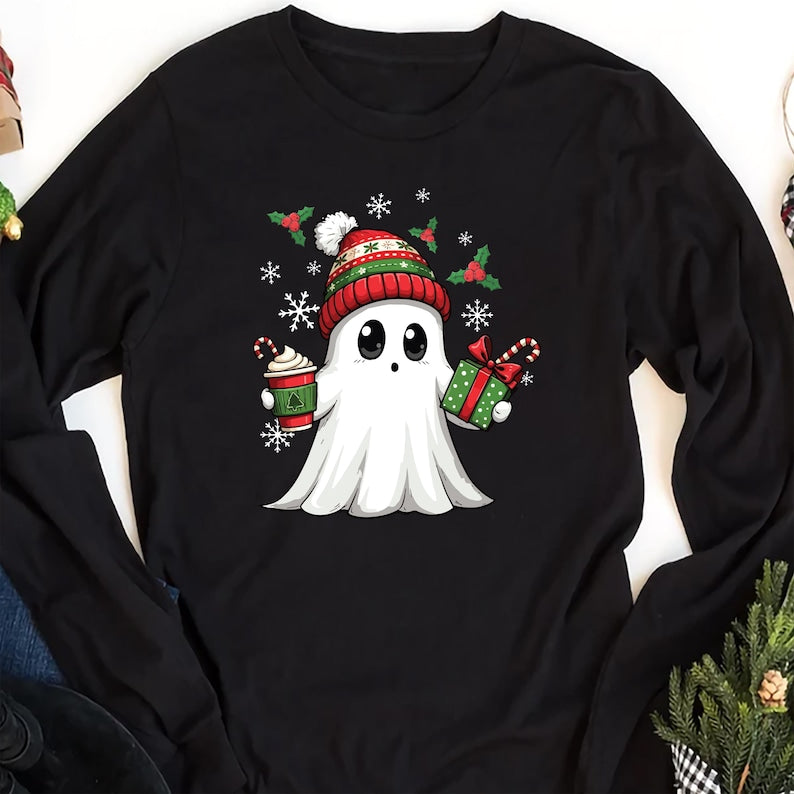 Ghost Santa Christmas Long Sleeve Shirt, Holiday Christmas Ghost Long Sleeve Shirt, Cute Xmas Spirit Long Sleeve Shirt