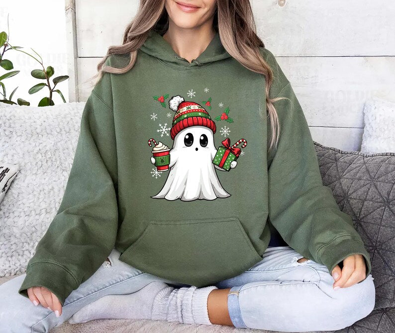 Ghost Santa Christmas Hoodie, Holiday Christmas Ghost Hoodie, Cute Xmas Spirit Hoodie
