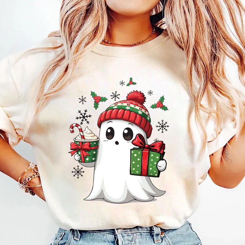 Ghost Santa Christmas Short Sleeve Shirt, Holiday Christmas Ghost Tee, Cute Xmas Spirit Short Sleeve Shirt