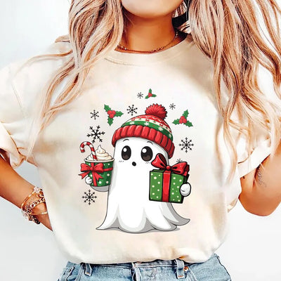 Ghost Santa Christmas Short Sleeve Shirt, Holiday Christmas Ghost Tee, Cute Xmas Spirit Short Sleeve Shirt