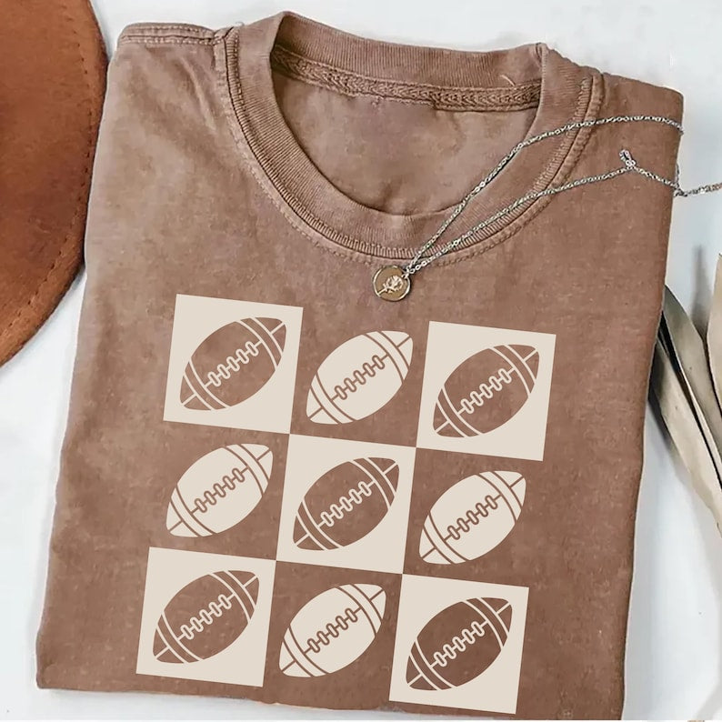 Checkered Football Short Sleeve Shirt, Retro Game Day Football Mama Tee, Flag Football Player Short Sleeve Shirt