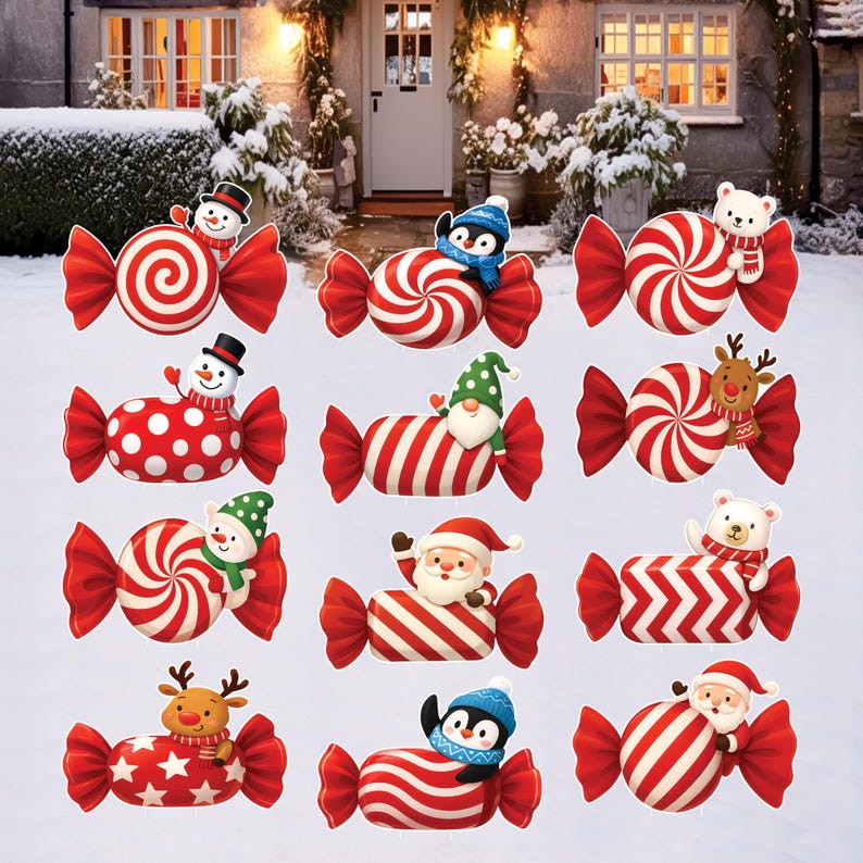 Christmas Candy Yard Signs, Santa Reindeer Penguin Bear Lawn Decorations with Stakes, Waterproof Outdoor Holiday Garden Patio Xmas Décor
