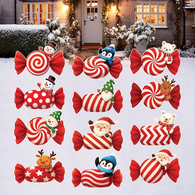Christmas Candy Yard Signs, Santa Reindeer Penguin Bear Lawn Decorations with Stakes, Waterproof Outdoor Holiday Garden Patio Xmas Décor
