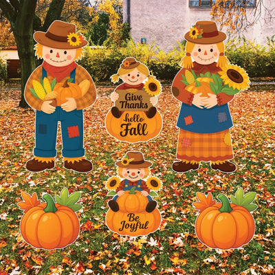 Scarecrow Family Yard Decorations, Fall Pumpkin Porch Sign Set, Outdoor Thanksgiving Lawn Stakes, Hello Fall Give Thanks Autumn Decor