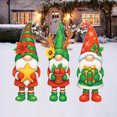 Christmas Gnome Yard Decorations, Holiday Porch Decor Outdoor Set, Winter Lawn Stakes with Gift Basket Star, Xmas Garden Decorations