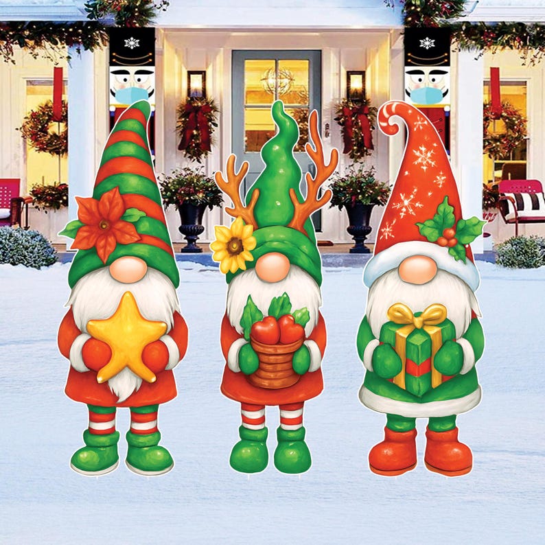Christmas Gnome Yard Decorations, Holiday Porch Decor Outdoor Set, Winter Lawn Stakes with Gift Basket Star, Xmas Garden Decorations