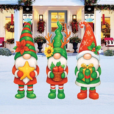 Christmas Gnome Yard Decorations, Holiday Porch Decor Outdoor Set, Winter Lawn Stakes with Gift Basket Star, Xmas Garden Decorations