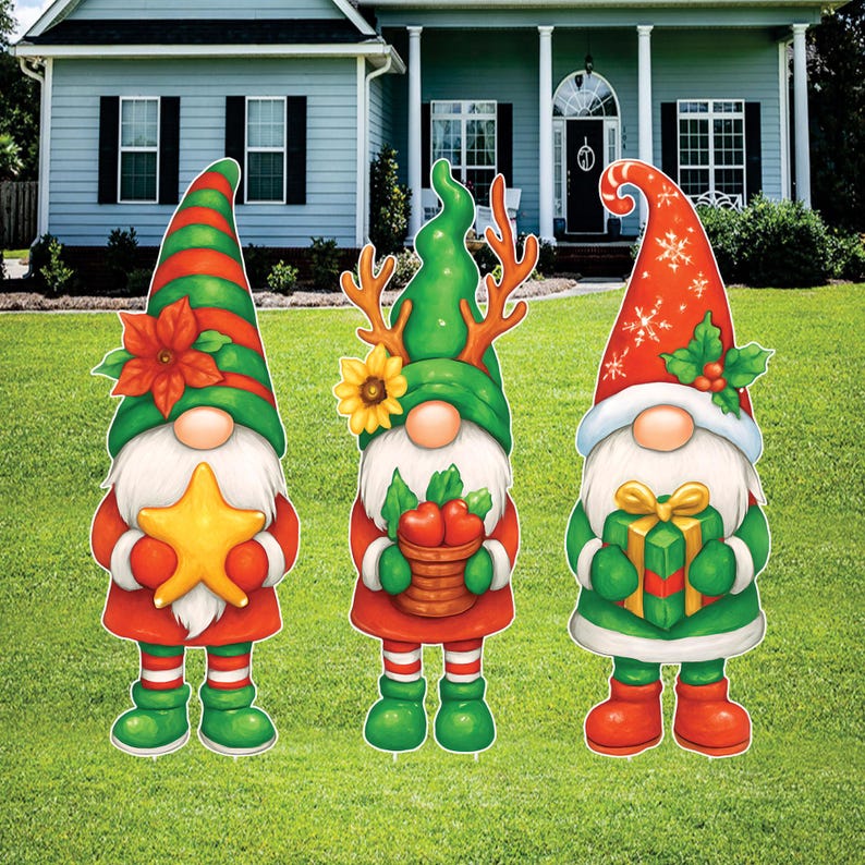 Christmas Gnome Yard Decorations, Holiday Porch Decor Outdoor Set, Winter Lawn Stakes with Gift Basket Star, Xmas Garden Decorations