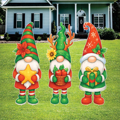Christmas Gnome Yard Decorations, Holiday Porch Decor Outdoor Set, Winter Lawn Stakes with Gift Basket Star, Xmas Garden Decorations