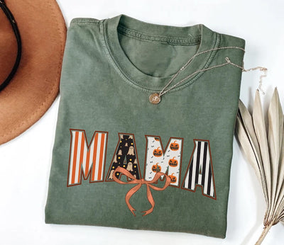 Coquette Halloween Mama Short Sleeve Shirt, Retro Spooky Mama Fall Tee, Cute Halloween Mom Short Sleeve Shirt