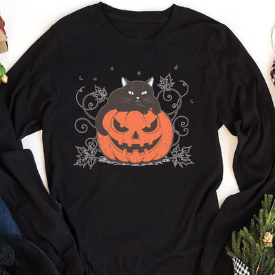 Cute Halloween Black Cat Long Sleeve Shirt, Spooky Pumpkin Halloween Long Sleeve Shirt, Trendy Halloween Crewneck Long Sleeve Shirt
