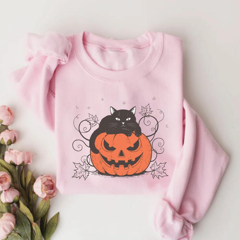 Cute Halloween Black Cat Sweatshirt, Spooky Pumpkin Halloween SweatShirt, Trendy Halloween Crewneck SweatShirt