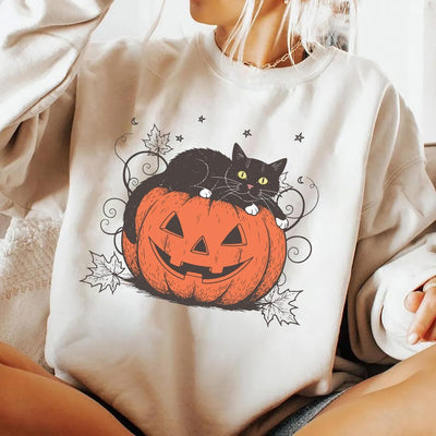 Cute Halloween Black Cat Sweatshirt, Spooky Pumpkin Halloween SweatShirt, Trendy Halloween Crewneck SweatShirt