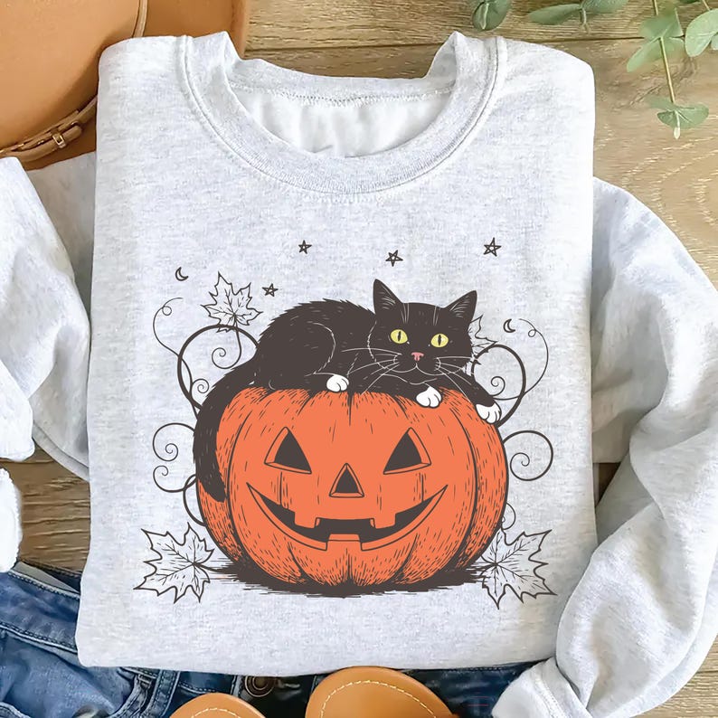 Cute Halloween Black Cat Sweatshirt, Spooky Pumpkin Halloween SweatShirt, Trendy Halloween Crewneck SweatShirt