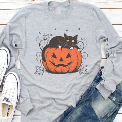 Cute Halloween Black Cat Long Sleeve Shirt, Spooky Pumpkin Halloween Long Sleeve Shirt