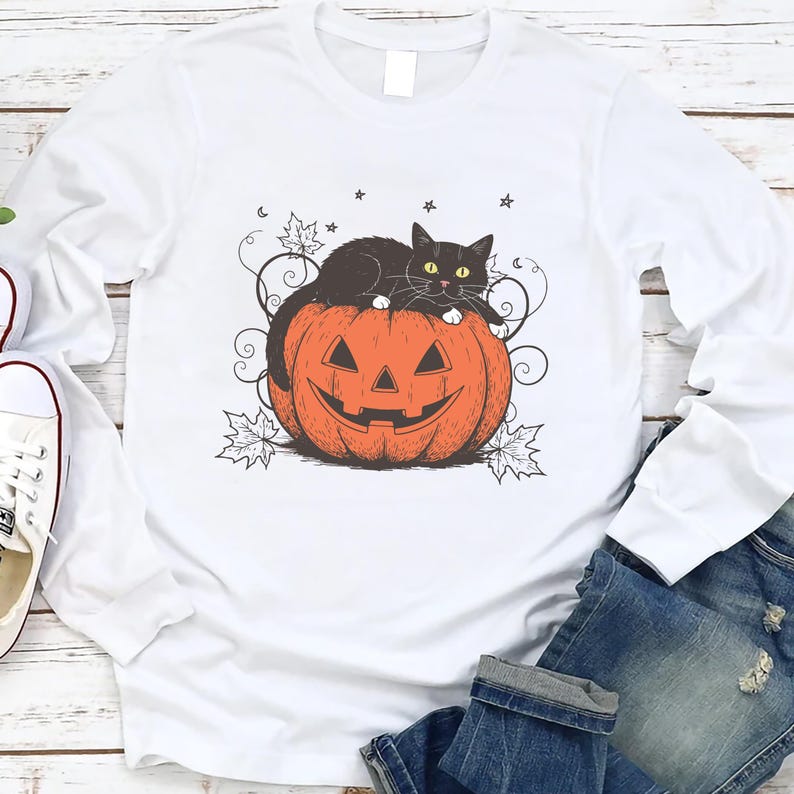 Cute Halloween Black Cat Long Sleeve Shirt, Spooky Pumpkin Halloween Long Sleeve Shirt