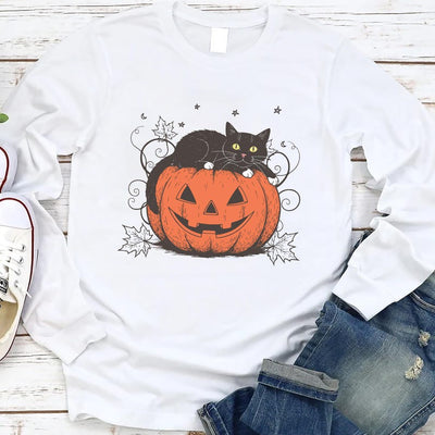 Cute Halloween Black Cat Long Sleeve Shirt, Spooky Pumpkin Halloween Long Sleeve Shirt