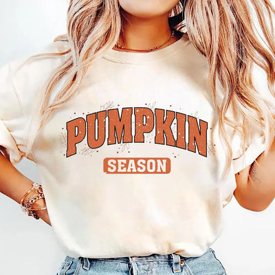 Retro Pumpkin Season Short Sleeve Shirt, Cute Fall Halloween Tee for Women, Autumn Thanksgiving Short Sleeve Shirt