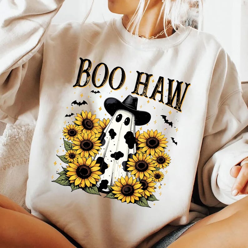 Boo Haw Sweatshirt, Cow Spot Ghost Western Halloween SweatShirt, Retro Fall Sunflower Cowgirl SweatShirt