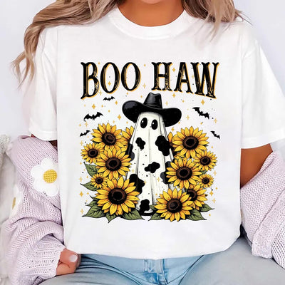 Boo Haw Short Sleeve Shirt, Cow Spot Ghost Western Halloween Short Sleeve Shirt, Retro Fall Sunflower Cowgirl Short Sleeve Shirt