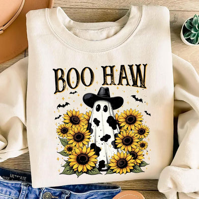 Boo Haw Sweatshirt, Cow Spot Ghost Western Halloween SweatShirt, Retro Fall Sunflower Cowgirl SweatShirt