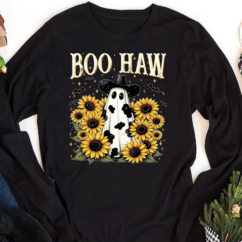 Boo Haw Long Sleeve Shirt, Cow Spot Ghost Western Halloween Long Sleeve Shirt, Retro Fall Sunflower Cowgirl Long Sleeve Shirt