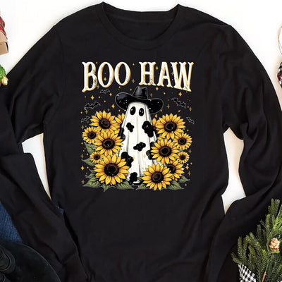 Boo Haw Long Sleeve Shirt, Cow Spot Ghost Western Halloween Long Sleeve Shirt, Retro Fall Sunflower Cowgirl Long Sleeve Shirt