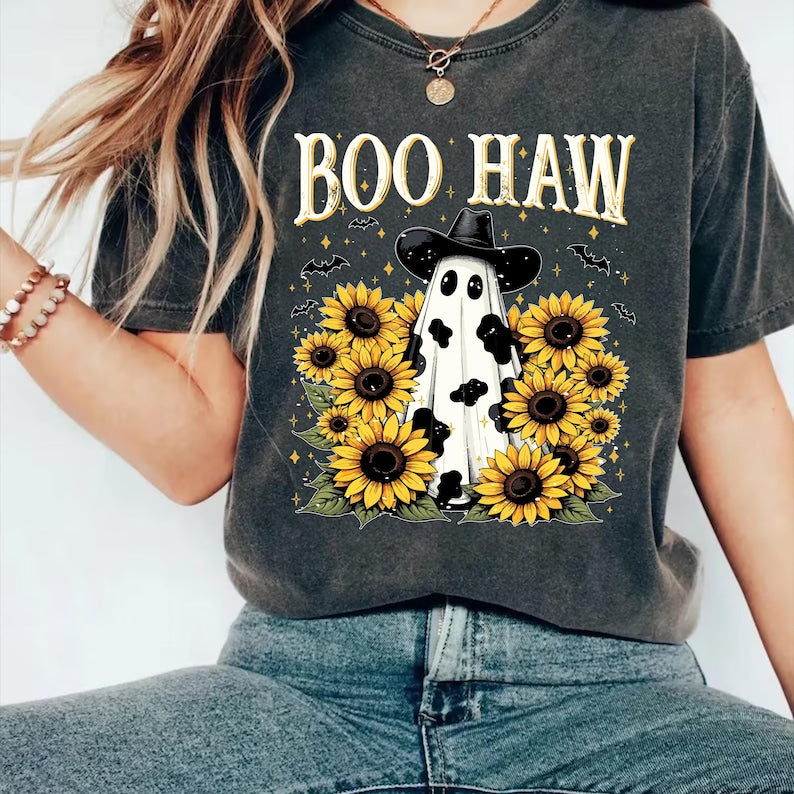Boo Haw Short Sleeve Shirt, Cow Spot Ghost Western Halloween Short Sleeve Shirt, Retro Fall Sunflower Cowgirl Short Sleeve Shirt