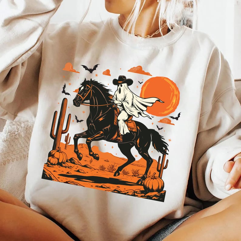 Retro Halloween Sweatshirt, Trendy Ghost and Bats Spooky Season SweatShirt, Vintage Halloween Party SweatShirt