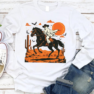 Retro Halloween Long Sleeve Shirt, Trendy Ghost and Bats Spooky Season Long Sleeve Shirt, Vintage Halloween Party Long Sleeve Shirt