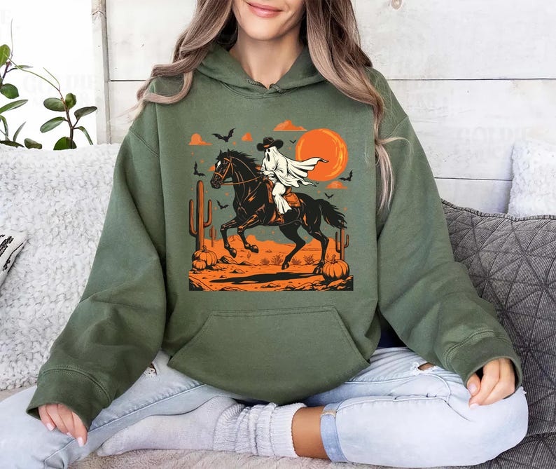 Retro Halloween Hoodie, Trendy Ghost and Bats Spooky Season Hoodie , Vintage Halloween Party Hoodie