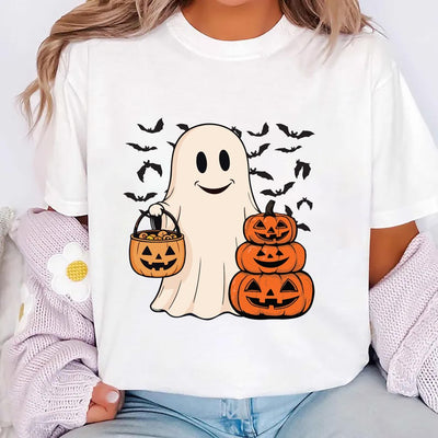 Ghost Halloween Short Sleeve Shirt, Women’s Halloween Party Tee, Cute Fall Costume Short Sleeve Shirt, Spooky Season Short Sleeve Shirt