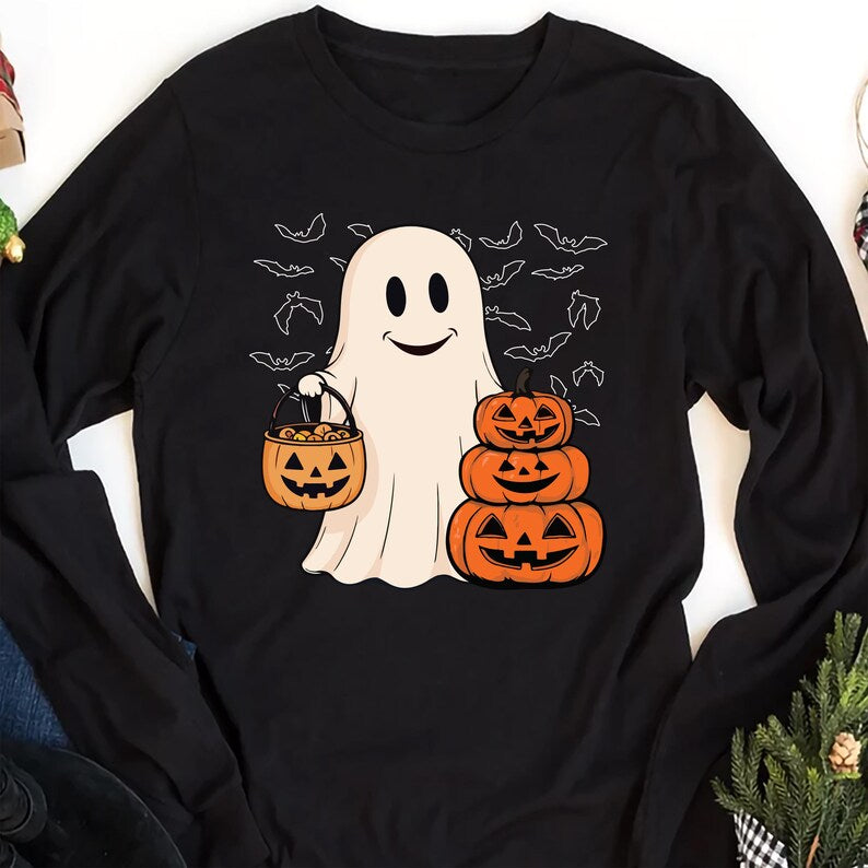 Ghost Halloween Long Sleeve Shirt, Women’s Halloween Party Long Sleeve Shirt, Cute Fall Costume Long Sleeve Shirt
