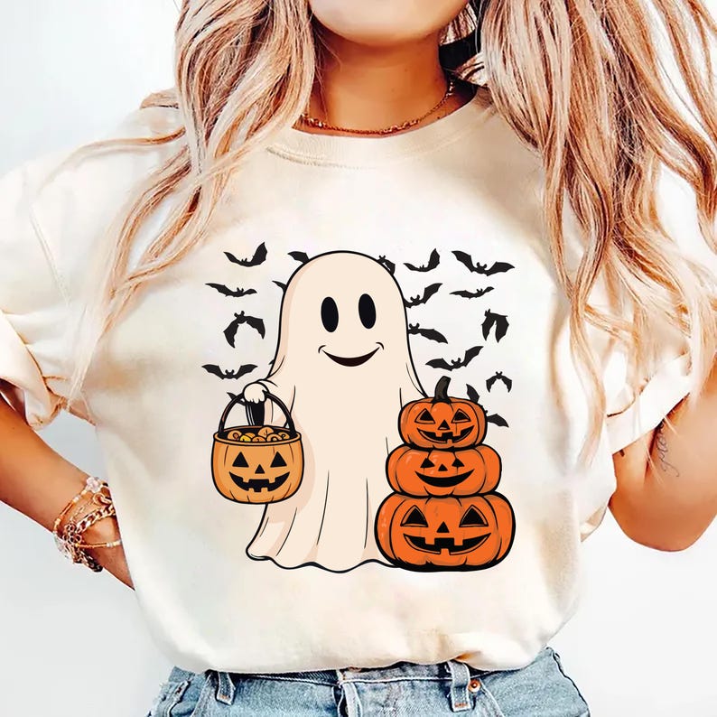 Ghost Halloween Short Sleeve Shirt, Women’s Halloween Party Tee, Cute Fall Costume Short Sleeve Shirt, Spooky Season Short Sleeve Shirt