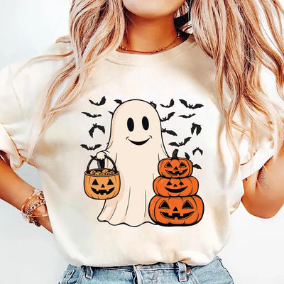 Ghost Halloween Short Sleeve Shirt, Women’s Halloween Party Tee, Cute Fall Costume Short Sleeve Shirt, Spooky Season Short Sleeve Shirt