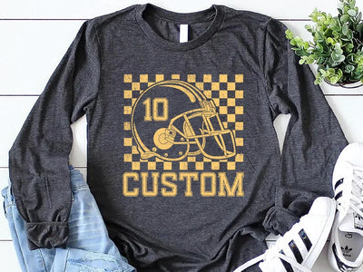 Custom Checkered Football Name and Number Long Sleeve Shirt, Personalized Football Player Gift Long Sleeve Shirt