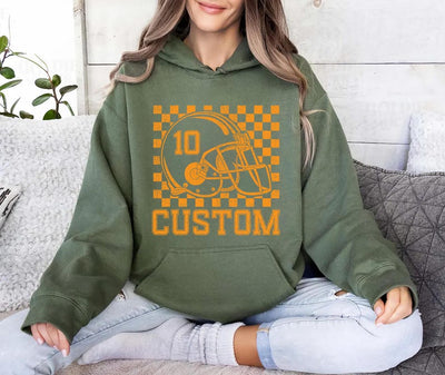 Custom Checkered Football Name and Number Hoodie, Custom Football Hoodie, Personalized Football Player Gift Hoodie
