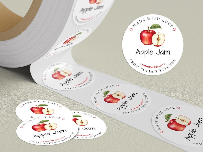 Personalized Apple Jam Roll Labels, Custom Apple Jam Product Stickers, Business Apple Jam Labels for Jars, Apple Jam Canning, Lid Stickers