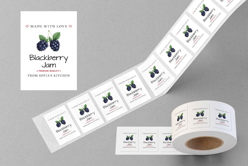 Personalized Blackberry Jam Roll Labels, Custom Blackberry Jam Product Stickers, Business Jam Labels for Jars, Canning, Lid Stickers